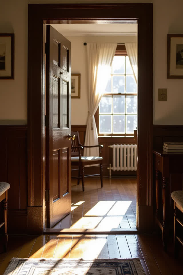 I dream that the doorstop refuses total victory. In a sunny community room doorway with a timber door, stone threshold,