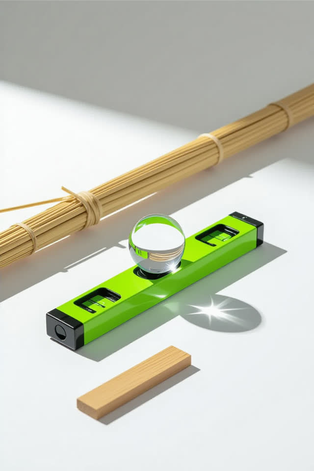 I dream that the level objects politely. In a bright reed-frame workshop corner, a small neon plastic level sits at a ri