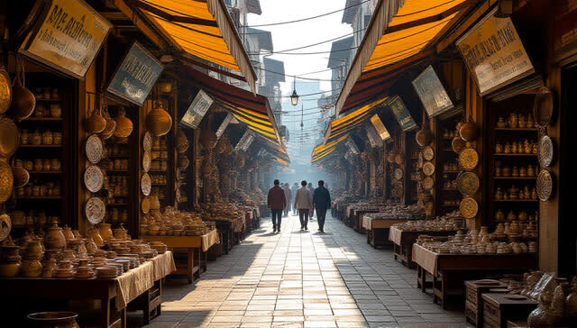 I dream that the market wakes through its openings. In an impossible early-morning public market, dusty yellow awnings,