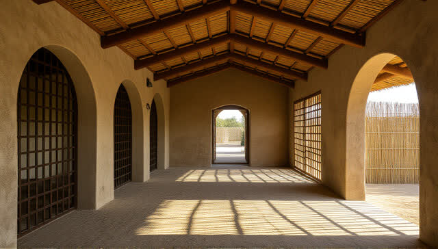 I dream that I stand where the room breathes first. In a public cooling hall with reed-gold arches, a packed-earth floor