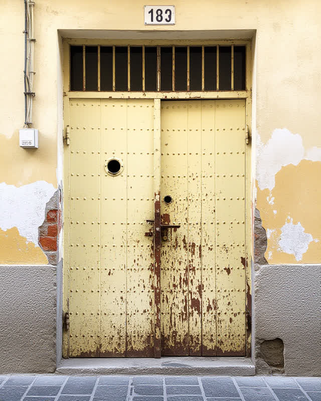 I dream that the door was painted too patiently. At a narrow alley service entrance, a perforated zinc door has been rep
