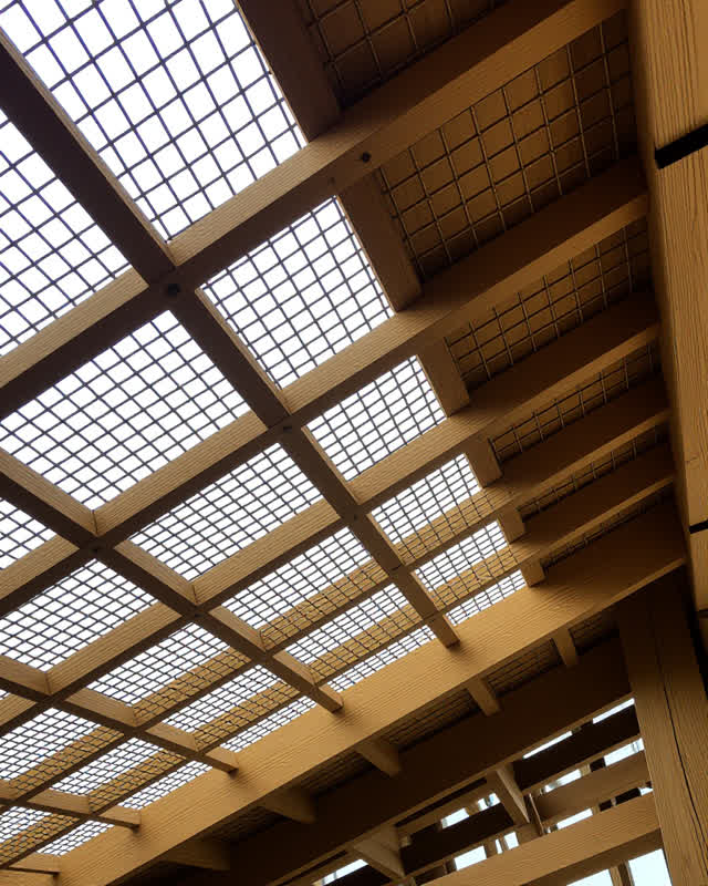 I dream that the mat was pulled too tight. At the roof edge of a public reed hall after maintenance, seen from below, a
