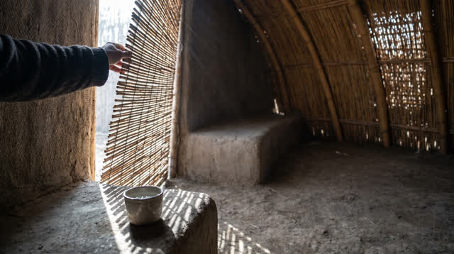 I dream that I let the room keep one lung open. In a small public cooling room with a packed-earth floor, curved reed ri