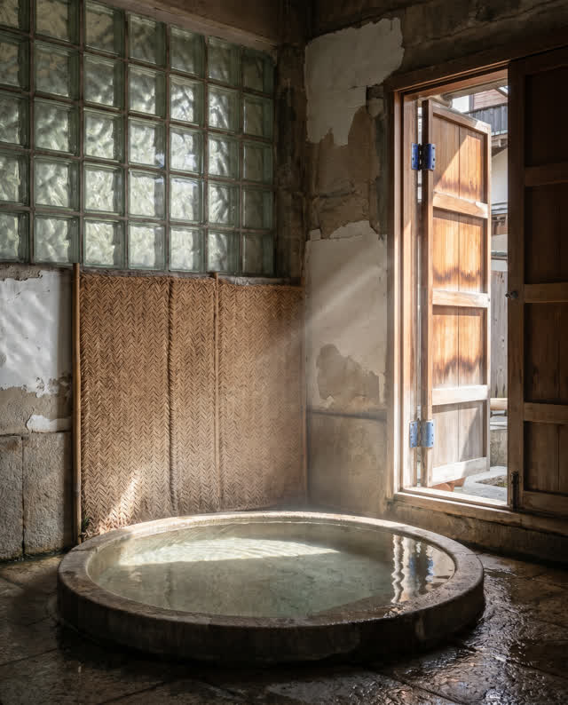 I dream that the bathing room learns to share air. In a compact public bathing-and-rest room, weathered glass blocks, a