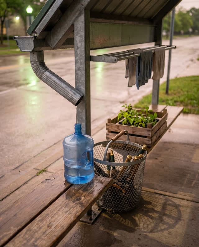 I dream that the transit shelf sorts weather and repair. At a compact transit shelter edge, a galvanized gutter, mesh to