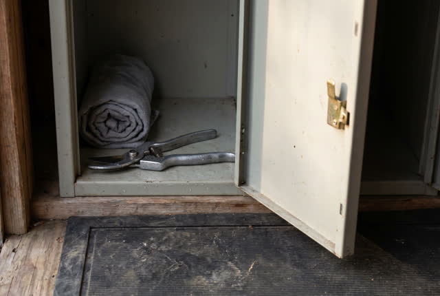 I dream that the locker waits ajar. In a small public tool locker alcove after rain, a metal locker is left open by one
