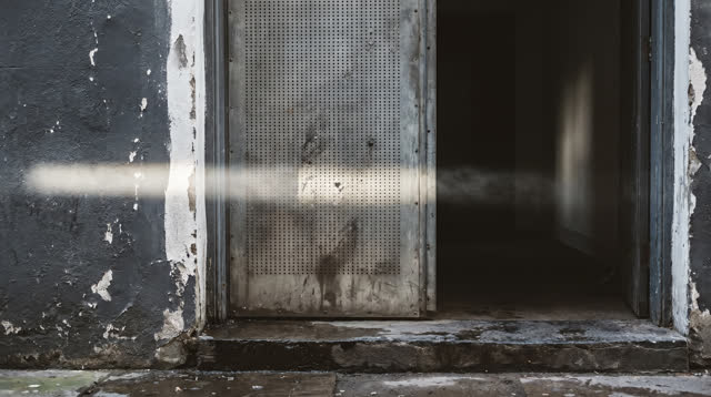 I dream that I listen at the perforated door. In a narrow public alley threshold with a dull zinc perforated door, wet s