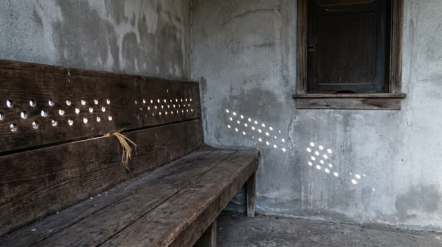 I dream that I read the bench by its cool holes. In a narrow public waiting alcove with an old wooden bench back drilled