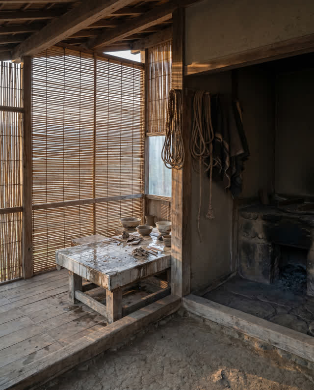 I dream that the porch holds shade, work, and welcome. On a specific public service porch joining a reed shade screen, w