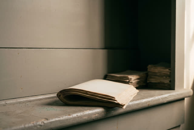 I dream that the papers curl toward shade. In a quiet public records alcove with unreadable paper stacks, a cool wall ba