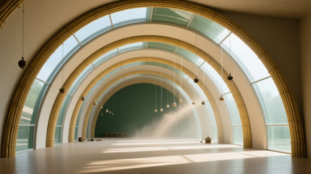 I dream that the room learns to breathe in arches. In an impossible civic hall, curved reed ribs, narrow glass water cha