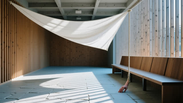 I dream that the floor tells me which way to breathe. In a public waiting arcade with timber slat walls, a sagging linen