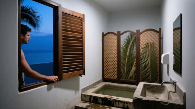 I dream that I leave the shutter at a listening angle. In a small public wash-and-rest vestibule with a sliding timber s