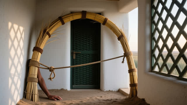 I dream that I leave the arch breathing. In a small public reed-and-plaster threshold room at dawn, one steady hand rest