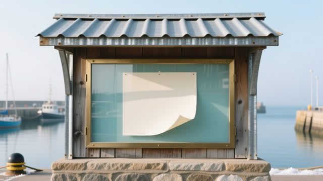 I dream that I let the harbor paper curl. In a weather-facing harbor notice alcove with a shallow roof, galvanized frame