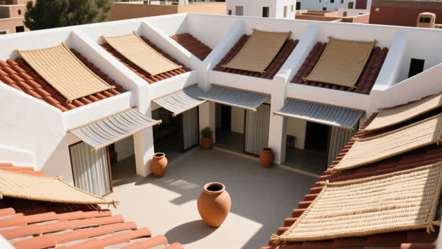I dream that the roof mats teach the courtyard to exhale. In an impossible civic courtyard, woven roof mats, plaster scr