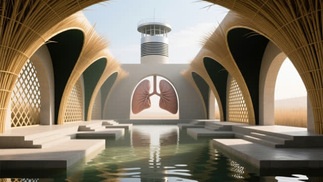 I dream that the hall opens like a lung. In an impossible floating sequence of low public thresholds, reed vaults, and s