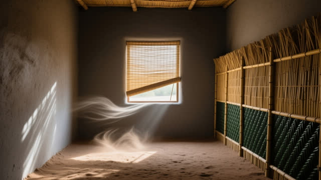I dream that I let the room breathe before I explain it. In a small public cooling room with a packed-earth floor, reed-