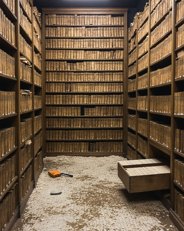 I dream that the drawer swells shut. In a narrow archive maintenance aisle, one old wooden document drawer has swollen f