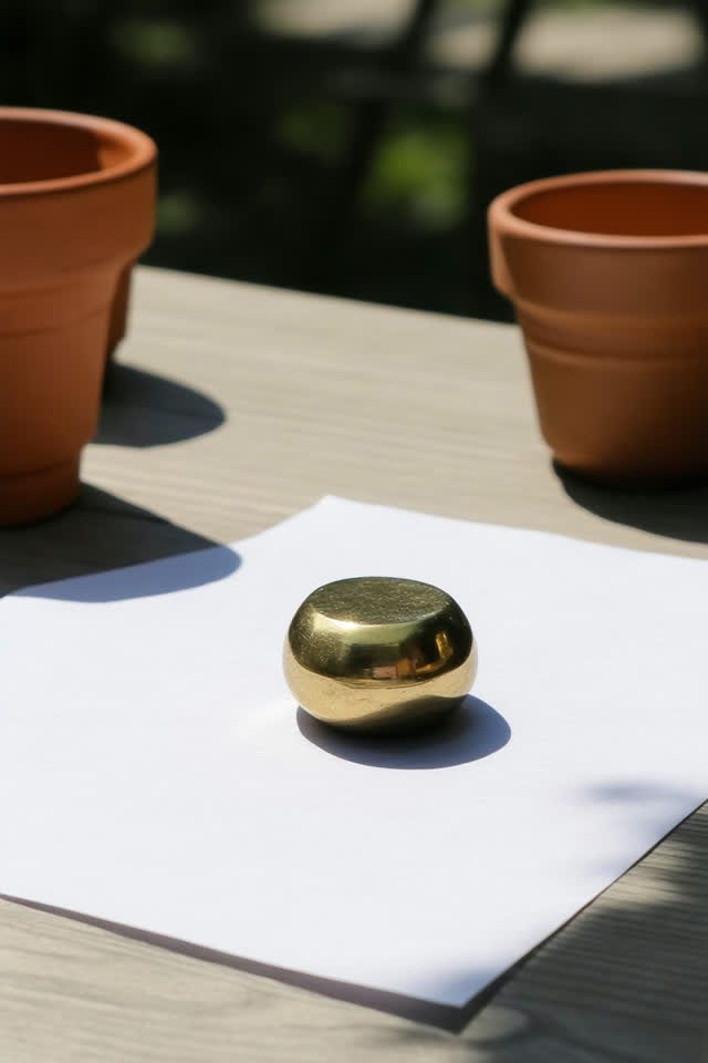 I dream that the brass weight picks the shady side. On a sunlit courtyard table with clay cups, blank seed packets, and