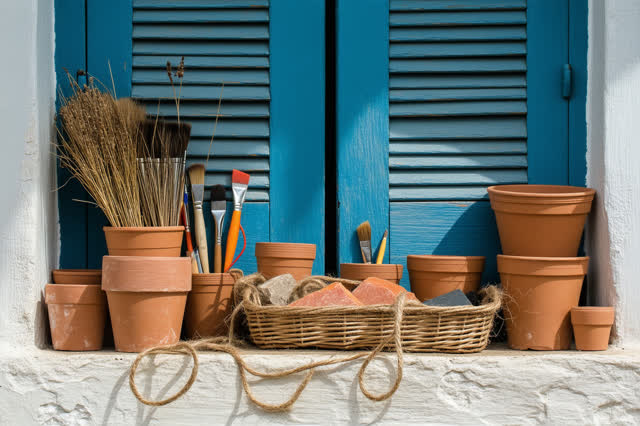 I dream that I wedge the shutter less open. On a sunlit service porch with wooden shade shutters, clay cups, a coil of w