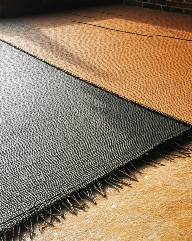 I dream that the mat was flattened too soon. In a public roof-edge repair area under hard afternoon glare, with a woven
