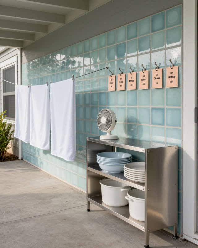 I dream that the supply porch lets everything become ready. On a semi-outdoor community pool supply porch, cooling tiles