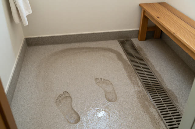 I dream that the rinsing alcove finishes without me. In a small public rinsing alcove with a pumice stone floor, timber