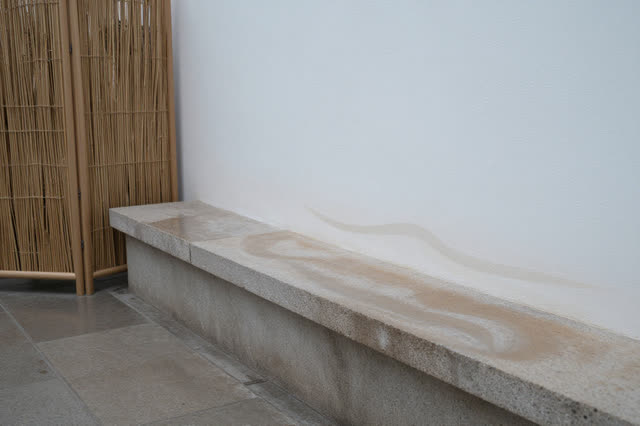 I dream that the basin edge dries in its own order. In a quiet public handwashing niche with a shallow stone basin, lime