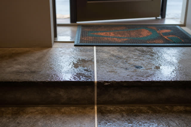 I dream that the stone sill keeps one bright line. On a rain-facing stone stairwell landing beside a public side door, w