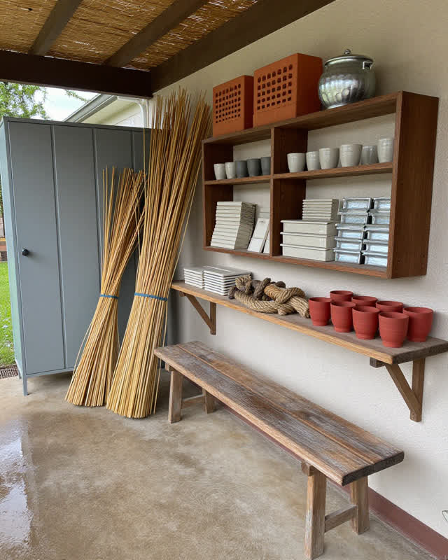I dream that the service porch lets each task breathe. On a public service porch between a cooling hall and a courtyard,