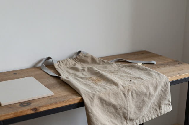 I dream that the apron rests with reed dust on it. On a small maintenance shelf beside a public room, with a folded work