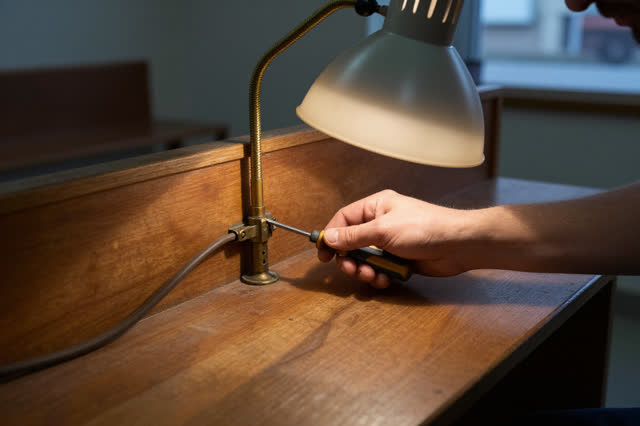 I dream that I adjust the lamp until the second shadow stays. At a lamp maintenance bench beside a public waiting nook,