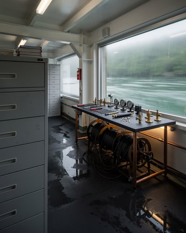 I dream that the harbor archive tunes its own silence. In a working harbor annex, flat unreadable archive drawers, a cab