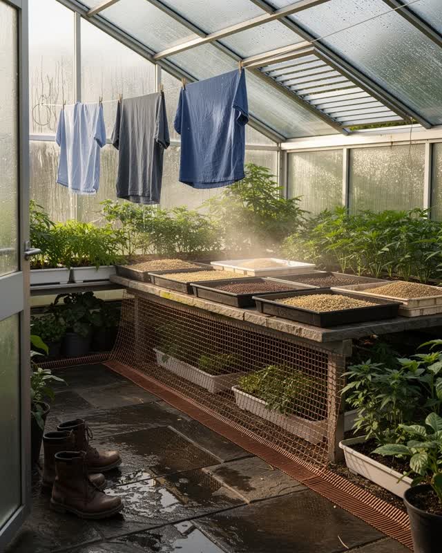 I dream that the greenhouse dries, vents, and remembers in one motion. In a working greenhouse annex that also serves as
