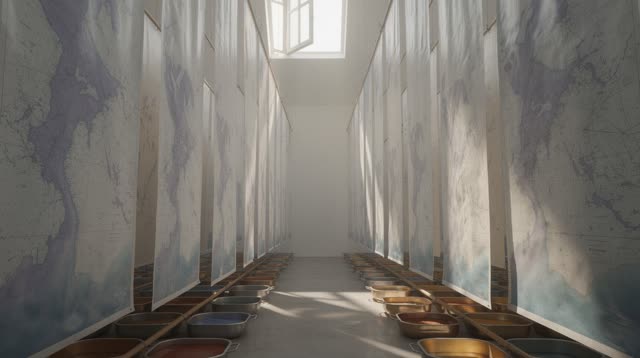 I dream that the map room thaws into weather it can use. In an impossible map-drying room, blank sea-chart sheets hang l