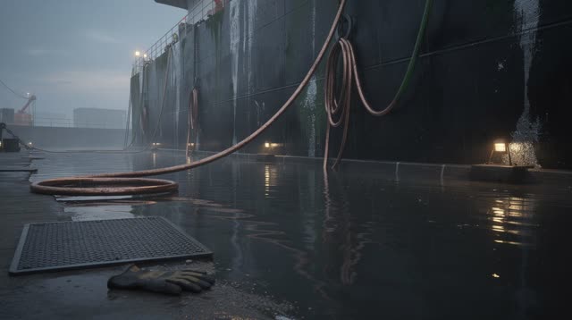 I dream that I stand beside the hull after the field goes quiet. At a rain-dark dry-dock edge at dawn, a massive wet bla