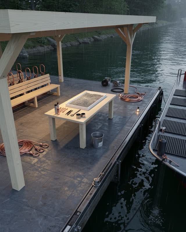 I dream that the shelter, pier, and lab share one quiet current. In a riverside civic maintenance pavilion, a waiting sh