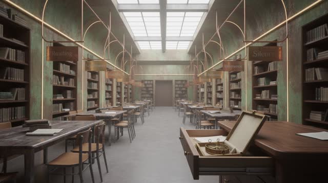 I dream that the public room learns silence like a vessel. In an impossible public reading hall, slender oxidized copper