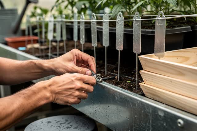 I dream that I move the clip until the plant labels stop pulling. In a greenhouse service aisle, careful hands shift a g