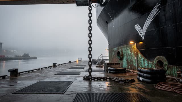 I dream that I stand where the chain finally hangs straight. At a rain-dark industrial pier at dawn, a massive wet black
