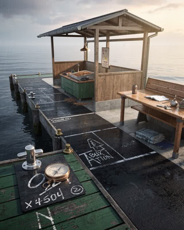 I dream that there is a route for quiet forces. A walkable service route connects a rain-dark pier threshold, a small te