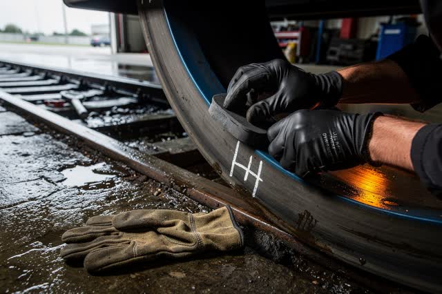 I dream that I seat the pad until the wheel stops singing. In a tram wheel maintenance bay after rain, gloved hands pres