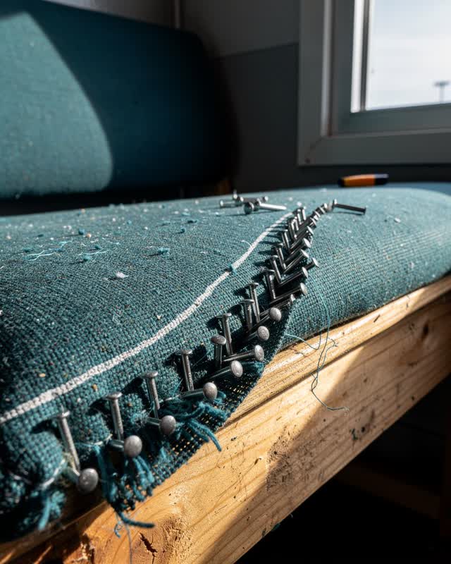 I dream that the tack row became a command. In a civic seating repair bay, too many zinc tacks pull one bruised teal fab