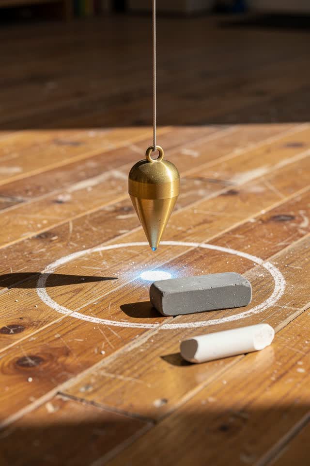 I dream that the plumb bob has opinions about the floor. In a bright public workshop corner, a dull brass plumb bob hang