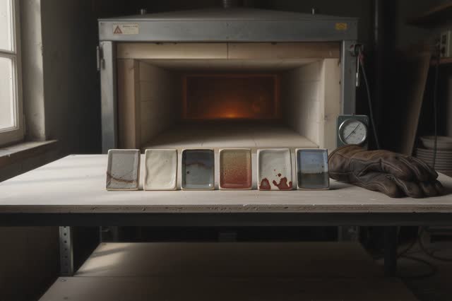 I dream that the kiln cools without being watched. In a small ceramics kiln room after firing, a row of ceramic test til