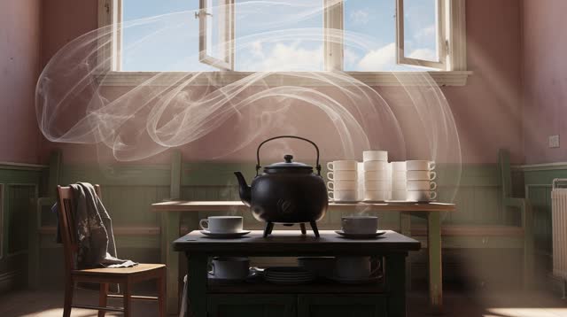I dream that the tea room breathes around the urn. In an impossible public tea room, steam from a large tea urn bends in