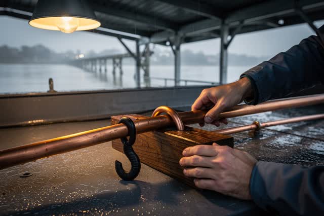 I dream that I loosen the cable until silence has weight. In a covered pier work bay, careful hands ease a heavy dull co