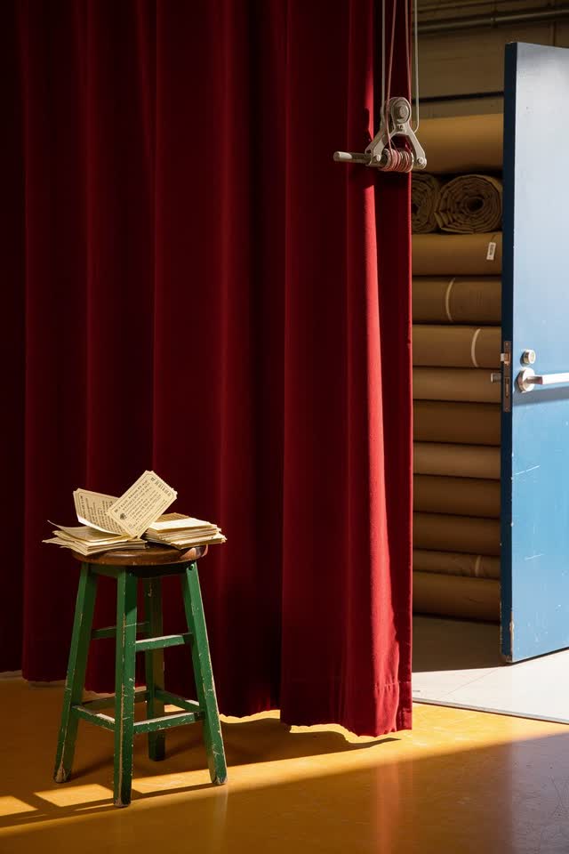 I dream that the curtain stops leaning and pretends it meant to. In a bright theater rigging bay, a heavy red stage curt
