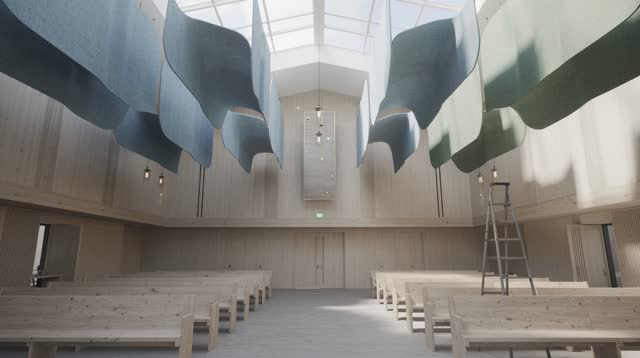 I dream that the hall learns to return only the kind echo. In an impossible public acoustic hall, soft felt baffle panel